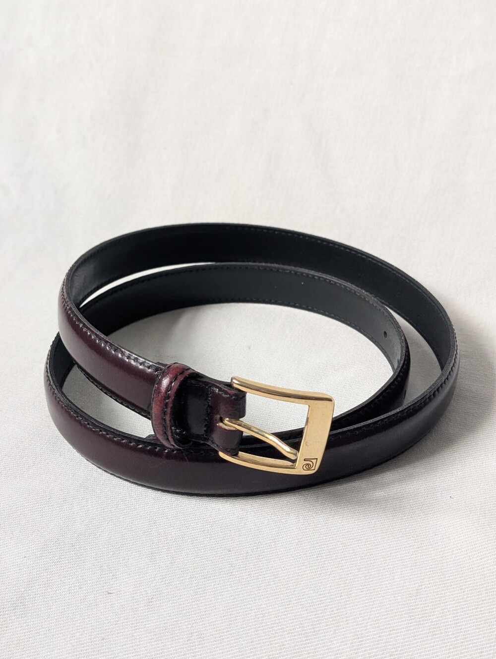 Vintage Pierre Cardin Dark Reddish Brown Narrow Leather Belt with Gold Buckle